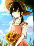  1girl apron asahina_hiyori atoaru05 bangs black_hair blue_sky blunt_bangs brown_headwear casual closed_mouth day flower grass hair_between_eyes hat holding holding_flower kagerou_project looking_at_viewer low_twintails outdoors pink_apron shirt short_sleeves sky smile solo sun_hat sunflower tree twintails upper_body white_shirt yellow_eyes yellow_flower 