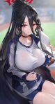  1girl absurdres black_choker black_hair black_wings blue_archive blurry blurry_background blush breasts choker clipboard collarbone depth_of_field gym_uniform hair_between_eyes halo hasumi_(blue_archive) hasumi_(gym_uniform)_(blue_archive) highres holding holding_clipboard holding_paper huge_breasts jacket long_hair looking_at_viewer mole mole_under_eye official_alternate_costume paper ponytail red_eyes relfit see-through shirt shorts sitting solo wet wet_clothes white_shirt wings 