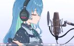  1girl :o blue_hair cable character_name closed_mouth fake_screenshot from_side hair_down headphones hololive hoshimachi_suisei long_hair mangotaingo microphone music neck_ribbon parted_lips play_button ribbon singing solo upper_body virtual_youtuber 