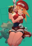  1girl belt bike_shorts blonde_hair breasts brown_gloves cabbie_hat commentary cropped_jacket full_body gloves green_eyes grin hat highres jacket legs_together long_hair looking_at_viewer mega_man_(series) mega_man_legends one_eye_closed poch4n red_headwear red_jacket red_shorts roll_caskett_(mega_man) short_sleeves shorts sitting smile solo wariza 