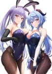  2girls :o akira_(sayo_dayoo) alternate_costume animal_ears asymmetrical_docking bangs bare_shoulders black_gloves black_pantyhose blue_hair blue_leotard breast_press breasts cleavage closed_mouth commentary_request covered_navel cowboy_shot elbow_gloves ganyu_(genshin_impact) genshin_impact gloves goat_horns gradient_eyes hand_on_another&#039;s_waist highleg highleg_leotard highres horns keqing_(genshin_impact) large_breasts leotard long_hair looking_at_viewer multicolored_eyes multiple_girls paid_reward_available pantyhose parted_lips playboy_bunny ponytail purple_eyes purple_hair purple_leotard rabbit_ears shiny_clothes sidelocks simple_background smile strapless strapless_leotard thighs twintails white_background white_gloves 