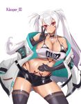 1girl alabama_(azur_lane) azur_lane bandeau bare_shoulders bikini bikini_under_clothes black_bikini black_choker black_gloves black_shorts black_thighhighs breasts choker clothes_writing cowboy_shot dark_skin elbow_gloves facial_mark gloves hair_between_eyes hand_up head_tilt highres jacket large_breasts long_hair looking_at_viewer midriff off_shoulder pink_eyes short_shorts shorts simple_background skyxero13 solo standing stomach strapless swimsuit thighhighs thighs third-party_source tube_top twintails v very_long_hair whisker_markings white_background white_hair white_jacket 