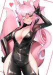  1girl absurdres animal_ear_fluff animal_ears bangs black_bodysuit blush bodysuit bow breasts center_opening choker cleavage fate/grand_order fate_(series) fox_ears fox_girl fox_tail glasses hair_between_eyes hair_bow heart highres hip_vent koyanskaya_(assassin)_(first_ascension)_(fate) koyanskaya_(fate) large_breasts long_hair looking_at_viewer one_eye_closed pink_bow pink_hair ponytail shibakame sidelocks smile solo tail tamamo_(fate) thighs yellow_eyes zipper 