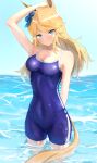 1girl absurdres animal_ears banpunsik blonde_hair blue_eyes blue_one-piece_swimsuit blue_sky cloud competition_school_swimsuit ear_bow gold_city_(umamusume) highres horizon horse_ears horse_girl horse_tail long_hair looking_at_viewer one-piece_swimsuit school_swimsuit sky solo standing swimsuit tail tracen_swimsuit umamusume wading water wet wet_clothes wet_swimsuit 