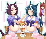  3girls animal_ears bangs big_belly blue_hair blunt_bangs bow bowtie brown_eyes brown_hair cake cake_slice carrot cherry closed_eyes collarbone commentary_request copyright_name dark_blue_hair ear_bow ear_covers eating feeding flying_sweatdrops food fruit grin hair_ornament hair_ribbon hairband highres hime_cut holding holding_spoon horse_ears horse_girl horse_tail horseshoe_ornament jealous long_hair multicolored_hair multiple_girls parfait peeking_out plate plate_stack pleated_skirt pocky puffy_short_sleeves puffy_sleeves purple_bow purple_bowtie purple_ribbon purple_shirt reflection ribbon s1e13_umamusume sailor_collar school_uniform shaded_face shirt short_hair short_sleeves silence_suzuka_(umamusume) sitting skirt smile special_week_(umamusume) spoon streaked_hair striped striped_hairband table tail thighhighs tracen_school_uniform two-tone_hair umajiri_gyuunyuu umamusume wafer wafer_stick whipped_cream white_hair white_hairband white_sailor_collar white_skirt white_thighhighs wooden_chair wooden_table x_navel yellow_bow 