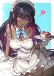  1girl absurdres apron bangs bare_legs black_hair blue_archive blue_background blue_bow blue_bowtie blush bow bowtie breasts cake cake_slice cleavage collar colored_inner_hair commentary dark-skinned_female dark_skin detached_collar dress food frilled_apron frilled_dress frills gloves hair_between_eyes heart highres holding holding_plate humany karin_(blue_archive) large_breasts long_hair looking_at_viewer maid_headdress multicolored_hair naked_apron no_bra open_mouth outside_border plate purple_hair solo strap_slip symbol-only_commentary very_long_hair white_apron white_collar white_dress white_gloves yellow_eyes 