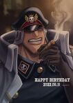  blurry blurry_background brown_gloves cigar depth_of_field english_text gloves hat highres military military_hat military_uniform one_piece open_mouth shiliew smoke smoking teeth uniform upper_body watermark youkan_(tako) 