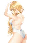  1girl absurdres alternate_costume blonde_hair breasts commission cowboy_shot highres kirisita large_breasts leotard long_hair looking_back open_mouth pixiv_commission simple_background smile solo touhou watatsuki_no_toyohime white_background white_leotard yellow_eyes 