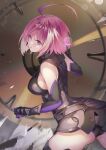  1girl ahoge bangs bare_shoulders black_leotard black_thighhighs breasts elbow_gloves fate/grand_order fate_(series) gloves hair_over_one_eye highleg highleg_leotard highres large_breasts leotard light_purple_hair looking_at_viewer mash_kyrielight purple_eyes purple_gloves shield short_hair solo thighhighs thighs ura_illust 