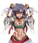  1girl adapted_costume arms_up bare_shoulders blood blue_eyes braid breasts bruise bruise_on_face cleavage detached_sleeves dual_wielding eyebrows_hidden_by_hair hair_between_eyes heavy_breathing highres holding injury jewelry looking_at_viewer low_twin_braids midriff navel necklace one_eye_closed open_mouth ryona scar simple_background small_breasts solo soulcalibur soulcalibur_ii suga_leon talim tears teeth tonfa twin_braids weapon white_background 