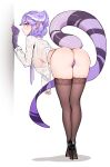  1girl ass ass_focus bent_over braid breasts dragon_girl dragon_tail head_wings highres looking_at_viewer looking_back medium_hair nijisanji nijisanji_en office_lady pantyhose pointy_ears purple_eyes purple_hair purple_wings secon see-through see-through_shirt selen_tatsuki shirt solo tail thick_thighs thighhighs thighs trefoil twin_braids virtual_youtuber wings 