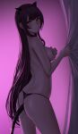  1girl animal_ears ass bangs black_panties blush breasts cat_ears cat_tail closed_mouth commentary_request covering_nipples from_side girls&#039;_frontline highres large_breasts long_hair looking_at_viewer looking_to_the_side panties purple_background purple_hair red_eyes selcky solo tail tearing_up thighs topless underwear wa2000_(girls&#039;_frontline) 
