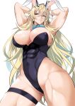  1girl abs animal_ears armpits arms_behind_head arms_up bangs bare_shoulders biceps black_leotard blonde_hair bow bowtie breasts cleavage covered_navel detached_collar fairy_knight_gawain_(fate) fake_animal_ears fate/grand_order fate_(series) green_eyes heterochromia highleg highleg_leotard highres horns kawabata_yoshihiro large_breasts leotard long_hair looking_at_viewer muscular muscular_female playboy_bunny rabbit_ears red_eyes solo thick_thighs thigh_strap thighs very_long_hair wrist_cuffs 