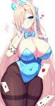  1girl ace_of_diamonds ace_of_hearts animal_ears asuna_(blue_archive) asuna_(bunny)_(blue_archive) bare_shoulders blonde_hair blue_archive blue_bow blue_bowtie blue_eyes blue_leotard blue_ribbon blush bow bowtie breasts cameltoe card come_hither commentary condom condom_wrapper covered_navel detached_collar diamond_(shape) eight_of_hearts fake_animal_ears gloves grin hair_over_one_eye hair_ribbon halo hands_up heart highleg highleg_leotard highres holding holding_condom leaning_to_the_side legs_together leotard long_hair mole mole_on_breast naughty_face official_alternate_costume pantyhose piao_mao pixel_art playboy_bunny playing_card pointing rabbit_ears raised_eyebrow ribbon simple_background skindentation smile solo standing strapless strapless_leotard symbol-only_commentary thick_thighs thighband_pantyhose thighs two_of_spades very_long_hair white_background white_gloves wide_hips 