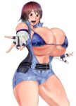  belt bikini bikini_top_only blue_bikini breasts brown_eyes brown_hair fingerless_gloves gloves groin huge_breasts jumpsuit kazama_asuka mucc_(ren0522) navel open_mouth short_hair smile star_(symbol) swimsuit tekken tekken_5 thighs v 