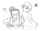  2girls anger_vein ass bent_over bracelet breasts bulma chi-chi_(dragon_ball) commentary dragon_ball dragon_ball_z earrings english_commentary funsexydb graphite_(medium) greyscale hair_bun hands_on_hips highres jewelry large_breasts lips looking_back monochrome multiple_girls open_mouth short_hair single_hair_bun skirt spoken_anger_vein spoken_squiggle squiggle traditional_media 