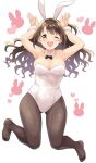  1girl ;d animal_ears armpits arms_up black_bow black_bowtie black_pantyhose blush bow bowtie breasts brown_hair bunny_pose cleavage decosukedon0 detached_collar full_body heart highres idolmaster idolmaster_cinderella_girls leotard looking_at_viewer medium_breasts no_shoes one_eye_closed one_side_up pantyhose rabbit_ears round_teeth shimamura_uzuki simple_background smile solo teeth white_background white_leotard wrist_cuffs 