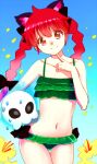  1girl adapted_costume alternate_costume animal_ears bikini black_bow bogyaku_no_m bow braid cat_ears extra_ears flat_chest flower ghost green_bikini hand_on_own_chin hitodama holding holding_skull kaenbyou_rin navel ocean one-hour_drawing_challenge red_eyes red_hair skull smile summer sweatdrop swimsuit touhou twin_braids yellow_flower 