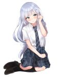  1girl black_socks blue_hair blush full_body hair_tucking idolmaster idolmaster_million_live! light_blue_hair lkskorea4 loafers long_hair looking_afar low-tied_long_hair necktie plaid plaid_necktie plaid_skirt pleated_skirt school_uniform shiraishi_tsumugi shirt shoes simple_background sitting skirt socks solo sweatdrop white_background white_shirt yokozuwari 