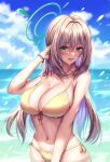  1girl :d absurdres bikini blonde_hair blue_archive blue_sky blush bracelet breasts cloud cowboy_shot day green_eyes halo hand_in_own_hair highres jewelry kimchi_(user_mpzz8457) large_breasts long_hair looking_at_viewer navel nonomi_(blue_archive) nonomi_(swimsuit)_(blue_archive) ocean open_mouth outdoors side-tie_bikini_bottom sky smile solo stomach swimsuit water wet wet_hair yellow_bikini 