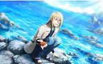  1boy blonde_hair breast_pocket closed_eyes fingernails highres idolmaster idolmaster_side-m idolmaster_side-m_live_on_stage! koron_chris long_hair long_sleeves male_focus ocean official_art open_mouth outdoors pants pocket sandals sea_cucumber shore third-party_source toenails toes 