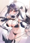  1girl :3 :q ayuma_sayu bare_shoulders bikini black_bikini black_hair black_thighhighs boots bow bowtie breasts chest_harness cleavage closed_mouth demon_girl demon_tail demon_wings detached_collar detached_sleeves finger_to_cheek front-tie_bikini_top front-tie_top hair_ornament hairclip harness head_wings highres large_breasts leg_up long_hair long_sleeves looking_at_viewer multi-strapped_bikini navel original red_eyes side-tie_bikini_bottom smile solo stomach string_bikini swimsuit tail thigh_boots thighhighs thighs tongue tongue_out twintails untied untied_bikini untying very_long_hair wings 