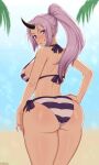  1girl afrobull artist_name ass back bikini blush breasts hand_on_own_ass highres horns huge_ass large_breasts long_hair looking_at_viewer oni oni_horns outdoors palm_leaf ponytail purple_eyes purple_hair sand shion_(tensei_shitara_slime_datta_ken) single_horn smile solo striped striped_bikini swimsuit tensei_shitara_slime_datta_ken thick_thighs thighs water 