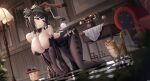 1girl absurdres all_fours anal anal_object_insertion anal_tail animal_ears antique_telephone areola_slip ass ass_cutout azur_lane black_dress black_flower black_hair black_rose bodystocking breasts brown_gloves butt_plug cat chair checkered_floor chen_hai_(azur_lane) chen_hai_(vestibule_of_wonders)_(azur_lane) china_dress chinese_clothes clothing_cutout corded_phone dress elbow_gloves fake_animal_ears fake_tail flower gloves highres holding holding_tray indoors jfzm001 lace-trimmed_gloves lace_trim lamppost large_breasts manjuu_(azur_lane) object_insertion official_alternate_costume pelvic_curtain phone rabbit_ears rabbit_tail red_eyes reflective_floor rose rotary_phone sex_toy tail taut_clothes taut_dress tight tight_dress tray 