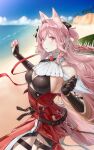  1girl absurdres animal_ears arknights asymmetrical_gloves beach braid breasts dress highres long_hair medium_breasts ocean pink_eyes pink_hair pozyomka_(arknights) red_dress signature tail thigh_strap welt_(kinsei_koutenkyoku) wolf_ears wolf_tail 