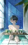  1boy bare_shoulders bathing bathtub black_hair blue_eyes completely_nude english_commentary full_body hair_between_eyes knees_up kyouichi looking_at_object male_focus no_nipples nude original plant potted_plant short_hair single_sidelock sitting solo sunlight tile_wall tiles water_drop window 