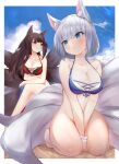  2girls :q :t akagi_(azur_lane) akagi_(paradise_amaryllis)_(azur_lane) animal_ears azur_lane bare_shoulders between_legs bikini bikini_bottom_removed blue_bikini blue_eyes blue_sky blush bottomless breasts brown_hair cleavage cloud cloudy_sky covering covering_crotch crossed_legs day embarrassed female_pervert fox_ears fox_girl fox_tail groin hand_between_legs holding holding_clothes holding_swimsuit kaga_(azur_lane) kaga_(everlasting_killing_stone)_(azur_lane) kitsune large_breasts long_hair looking_at_another looking_at_viewer looking_back medium_hair mujinbensin multiple_girls multiple_tails navel outdoors pervert pout red_bikini red_eyes revision seiza sitting sky smile swimsuit tail thighs tongue tongue_out very_long_hair white_hair yuri 