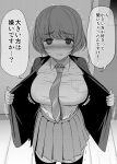  1girl bangs blush breasts collared_shirt greyscale highres ikari_manatsu indoors looking_at_viewer monochrome necktie open_mouth original pleated_skirt shirt short_hair skirt solo speech_bubble suit_jacket tears thighhighs translation_request 