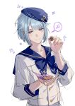  1boy bangs blue_hair blue_ribbon buttons chinese_commentary closed_mouth commentary_request ensemble_stars! food hat highres holding holding_food light_blue_hair long_sleeves looking_at_viewer male_focus musical_note purple_eyes ribbon rrr_(reason) sailor_collar shino_hajime short_hair smile solo spoken_musical_note upper_body white_background 