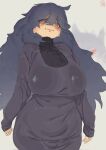  1girl @_@ blush breasts gengar hex_maniac_(pokemon) highres huge_breasts khentaiu long_hair looking_at_viewer pokemon simple_background smile solo sweater very_long_hair 