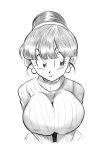  1girl bangs blunt_bangs breasts breasts_squeezed_together chi-chi_(dragon_ball) covered_nipples cropped_torso dragon_ball dragon_ball_z earrings eyebrows_hidden_by_hair funsexydb greyscale hair_bun highres huge_breasts impossible_clothes impossible_sweater jewelry large_ears looking_to_the_side monochrome ribbed_sweater single_hair_bun smile solo sweater turtleneck turtleneck_sweater upper_body 