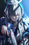  1girl 3: absurdres bangs black_cola blue_archive blurry grey_hair gun halo hand_up headphones highres holding holding_gun holding_weapon jacket long_hair looking_at_viewer mechanical_halo noa_(blue_archive) purple_eyes serious shade shaded_face solo trigger_discipline weapon white_jacket window_shade 