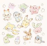  :3 :d :o ^_^ arms_up bird black_eyes candle chansey chikorita closed_eyes closed_mouth ditto eevee egg fangs fangs_out full_body highres hoppip jirachi leaf litwick looking_at_viewer mofucoffee no_humans oddish one_eye_closed open_mouth penguin pikachu piplup pokemon pokemon_(creature) rabbit scorbunny simple_background sitting smile snom solid_circle_eyes spheal tanzaku white_background 