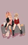  2girls absurdres blonde_hair braid burger cat chainsaw_man crossover fate_(series) food green_eyes hair_between_eyes highres horns long_hair looking_at_viewer mcdonald&#039;s meowy_(chainsaw_man) mordred_(fate) mordred_(fate/apocrypha) mordred_(fate/stay_night) multiple_girls pochita_(chainsaw_man) ponytail power_(chainsaw_man) red_horns ringed_eyes symbol-shaped_pupils zzokou 