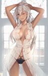  1girl ass blush breasts brown_eyes collarbone cowboy_shot glasses grey_hair hair_between_eyes hands_in_hair highres indoors kantai_collection kasumi_(skchkko) large_breasts long_hair musashi_(kancolle) navel one_eye_closed open_mouth solo teeth underwear upper_teeth_only 