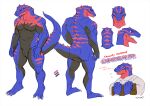  2018 abs anthro bebebebebe black_body black_scales blue_body blue_scales dinosaur fangs male model_sheet muscular muscular_male open_mouth red_body red_eyes red_scales reptile scales scalie shy simple_background solo spikes spikes_(anatomy) tail teeth 