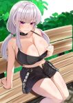  1girl absurdres bangs bare_shoulders bench black_camisole black_shorts blush breasts bush byte-artist camisole choker cleavage clothes_pull collarbone fate/grand_order fate_(series) hair_ribbon highres kama_(fate) kama_(tour_outfit)_(fate) large_breasts long_hair looking_at_viewer low_twintails navel nipple_slip nipples red_eyes ribbon short_shorts shorts sidelocks sitting smile solo thighs twintails white_hair 