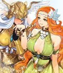  2girls arm_at_side armor bare_shoulders blue_gemstone blush breastplate breasts circlet cleavage cleavage_cutout clothing_cutout collarbone commentary covered_eyes cowboy_shot detached_sleeves dress embarrassed feathers final_fantasy final_fantasy_xiv gauntlets gem green_dress green_eyes halone_(ff14) halter_dress halterneck hand_grab hand_up head_wreath helmet holding_finger imminent_kiss joji_chan kiss kissing_hand large_breasts long_hair looking_at_another multiple_girls nophica orange_hair parted_lips pauldrons shoulder_armor simple_background sleeveless sleeveless_dress smile wavy_hair white_background white_hair winged_helmet wristband yuri 