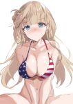  1girl absurdres american_flag_bikini bikini bikini_top_only blue_eyes bottomless braid breasts brown_hair flag_print hair_bun highres indian_style kantai_collection large_breasts long_hair looking_at_viewer miyasaka_miyabi navel ranger_(kancolle) simple_background single_side_bun sitting solo swimsuit white_background 