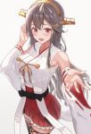  1girl absurdres bare_shoulders black_hair black_thighhighs blush brown_eyes cowboy_shot detached_sleeves hair_between_eyes hair_ornament hairband hairclip haruna_(kancolle) haruna_kai_ni_(kancolle) headgear highres japanese_clothes kantai_collection long_hair nontraditional_miko open_mouth pleated_skirt red_skirt ribbon-trimmed_sleeves ribbon_trim simple_background skirt smile solo taki_rentaro thighhighs white_background white_sleeves wide_sleeves 