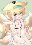  1girl absurdres animal_ear_fluff animal_ears animal_on_head areola_slip arknights bangs bare_shoulders bikini black_bikini black_cat blonde_hair blue_hairband blush cat cat_on_head ears_down fang flat_chest fox_ears fox_girl fox_tail green_background hairband highres jacket jewelry long_hair long_sleeves looking_at_viewer luoxiaohei micro_bikini motion_lines multicolored_hair multiple_tails navel necklace off_shoulder on_head open_clothes open_jacket open_mouth simple_background sitting solo suzuran_(arknights) swimsuit tail the_legend_of_luo_xiaohei twilight_(cgkk4357) two-tone_hair very_long_hair white_footwear white_hair 