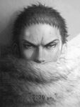  1boy charlotte_katakuri covered_mouth frown greyscale looking_at_viewer male_focus monochrome one_piece portrait sephirona short_hair solo stitches timestamp 