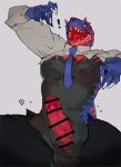  2018 abs anthro bebebebebe black_body black_scales blue_body blue_scales bottomwear censored censored_genitalia censored_penis claws clothed clothing dinosaur fangs genitals male muscular muscular_male necktie open_bottomwear open_clothing open_mouth open_pants open_topwear pants penis red_body red_eyes red_scales reptile scales scalie simple_background solo spikes spikes_(anatomy) surprise teeth topwear vein veiny_penis white_background 