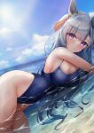  1girl absurdres animal_ears blue_hair blue_one-piece_swimsuit blue_sky braid breasts cloud competition_school_swimsuit crown_braid day highres horizon horse_ears horse_girl horse_tail large_breasts long_hair lying mejiro_ardan_(umamusume) ocean on_side one-piece_swimsuit outdoors partially_submerged purple_eyes school_swimsuit sky solo swimsuit tail umamusume waity_awa wet wet_clothes wet_swimsuit 