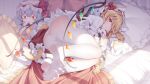  1girl animal_ears artist_name ass bed_sheet blanket blush cameltoe cat_ears cat_girl cat_tail character_doll closed_mouth clothes_lift crotch_seam dated feet flandre_scarlet frilled_skirt frills full_body head_on_pillow highres holding indoors kemonomimi_mode looking_at_viewer lying no_panties no_shoes on_side one_eye_closed pantyhose pillow red_eyes remilia_scarlet see-through see-through_legwear shirt skirt skirt_lift soles solo suaynnai_wanzi sunlight tail toes touhou white_headwear white_pantyhose white_shirt wings 