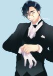  1boy asagi_nanase black_hair black_pants black_suit blue_eyes butler facial_hair formal glove_in_mouth gloves highres light_blue_background long_sleeves looking_at_viewer male_focus milgram monocle mouth_hold mukuhara_kazui pants putting_on_gloves short_hair solo suit white_gloves 